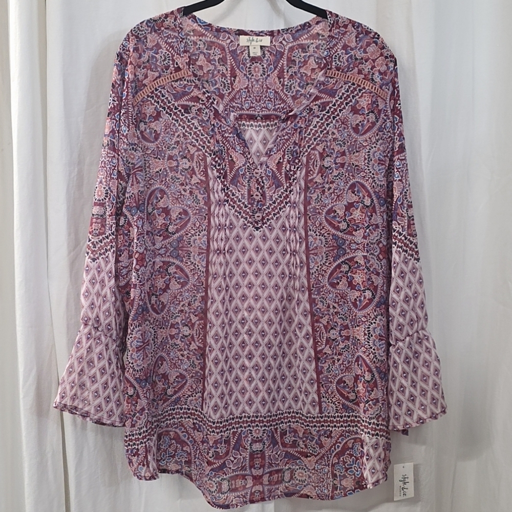 1X 2X Style Co Chiffon Pink Mauve Boho Paisley Bell Sleeve Pintuck Babydoll Top
